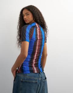 Model wearing Mesh stripe ruched sleeve top in blue