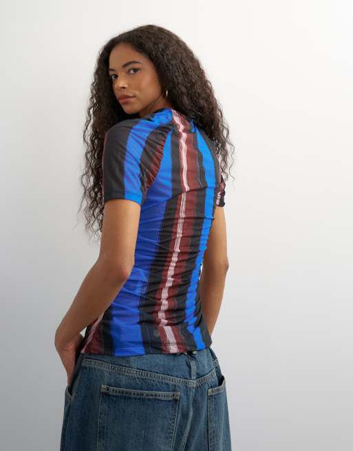 Topshop mesh stripe ruched sleeve top in blue, 2 of 4