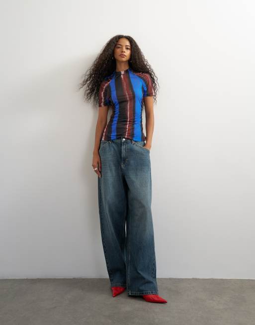 Topshop mesh stripe ruched sleeve top in blue, 3 of 4