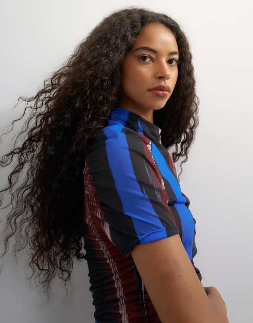 Topshop mesh stripe ruched sleeve top in blue, 4 of 4