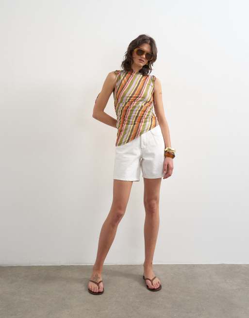 Topshop mesh striped ruched shoulders asymmetric top in orange, 2 of 4