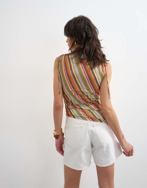 Topshop mesh striped ruched shoulders asymmetric top in orange, 4 of 4