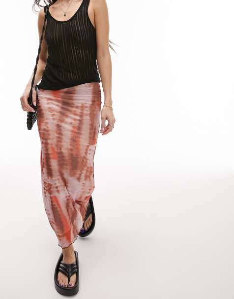 Topshop mesh tie dye picot trim midi skirt in red 