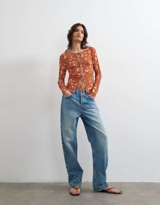 Topshop mesh tie front long sleeve top in deer print, 2 of 4