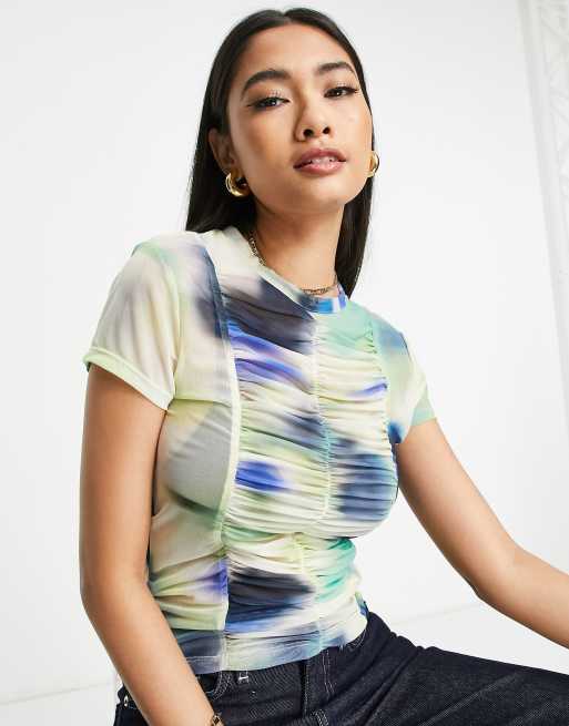 Topshop - Mesh top met korte mouwen in vervaagde bloemenprint