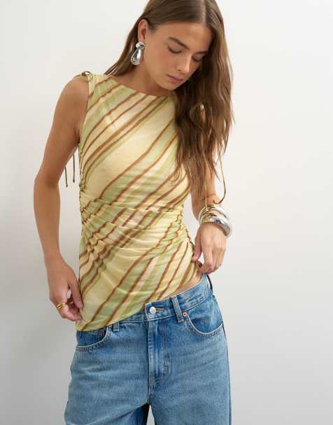 Topshop Mesh-Top mit Streifen, geraffter Schulter und asymmetrischem Schnitt in Braun - view 1