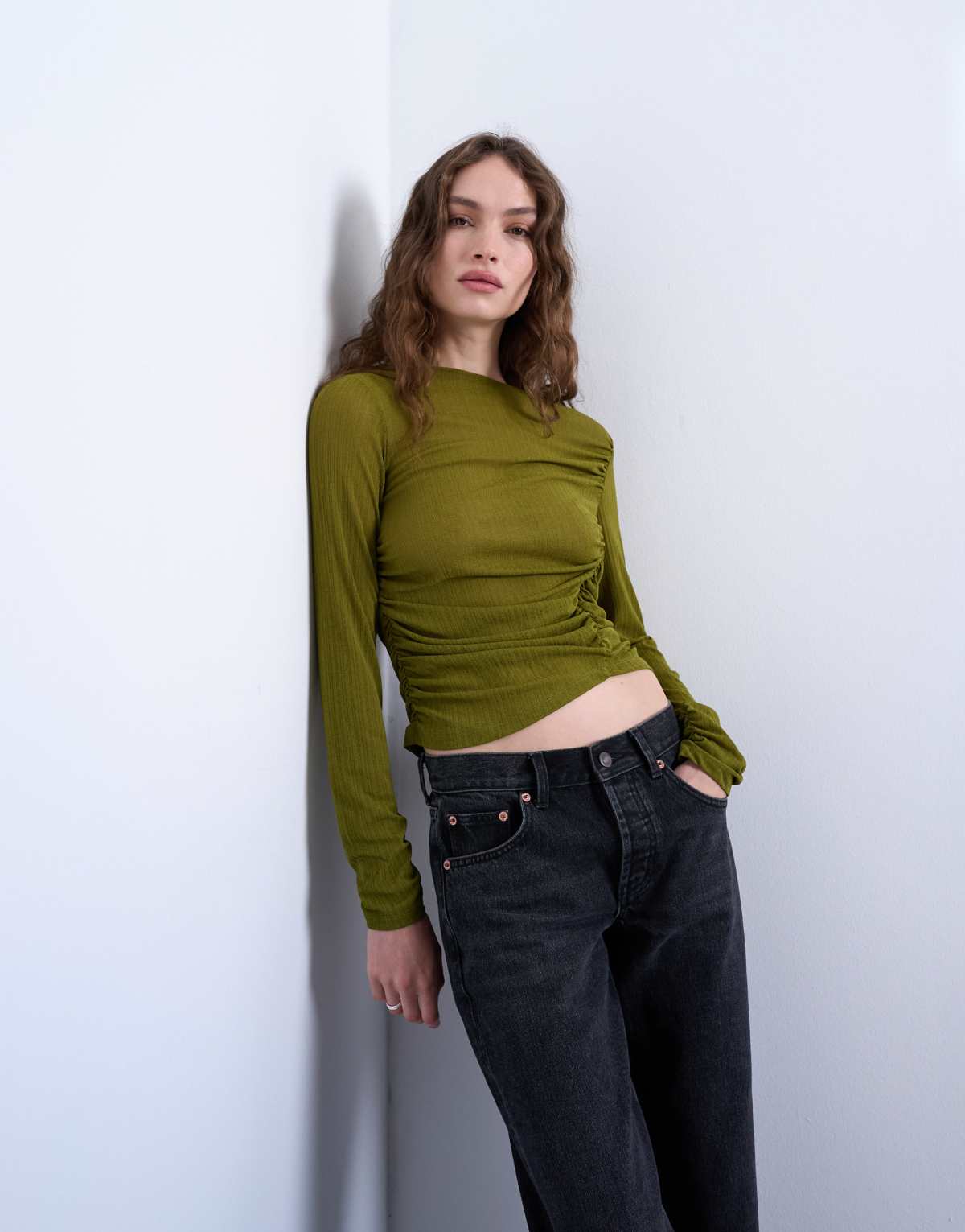 Topshop mesh twisted draped long sleeve top in olive green