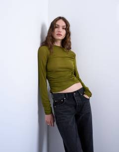 Mesh twisted draped long sleeve top in olive green