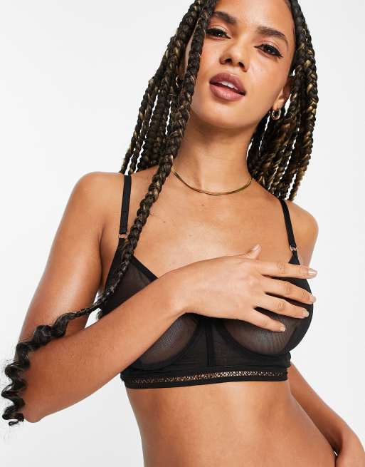 Topshop mesh underwire long line bra in black