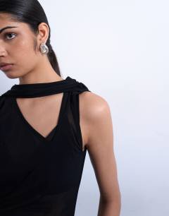 Model wearing Mesh v-neck scarf detail top in black