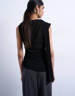Model wearing Mesh v-neck scarf detail top in black