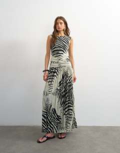 Mesh zebra print drop waist maxi dress in mono