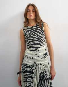 Model wearing Mesh zebra print drop waist maxi dress in mono