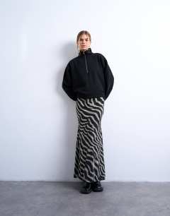 Model wearing Mesh zebra print maxi skirt in multi