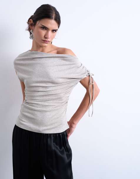 Topshop metallic asymmetric cinch top in silver - view 1