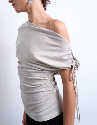 Topshop Metallic Asymmetric Cinch Top In Gray