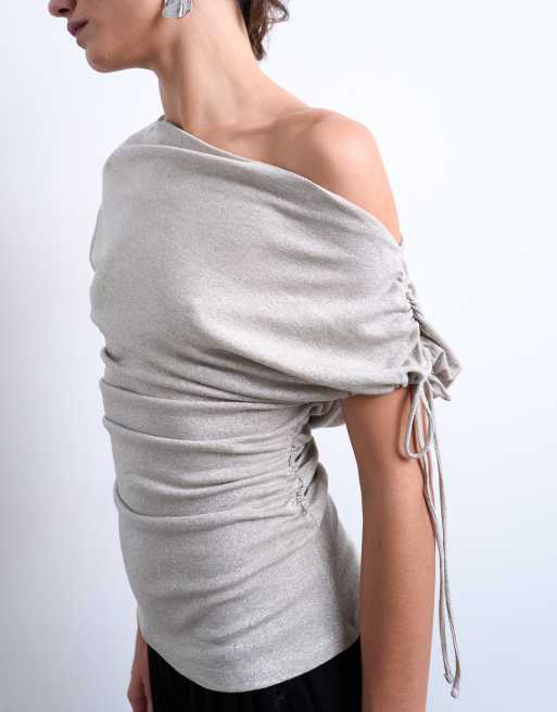 Topshop metallic asymmetric cinch top in silver, 2 of 4