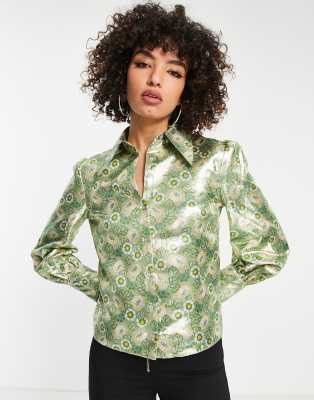 TOPSHOP METALLIC FLORAL PRINT 70S COLLAR SHIRT IN MINT-GREEN