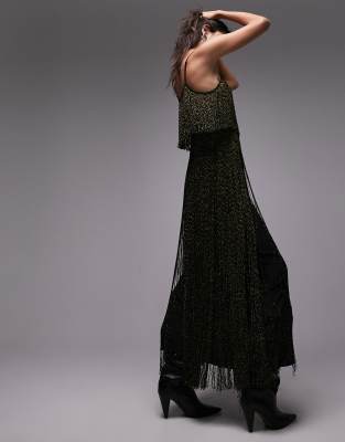 Topshop Metallic Fringe Maxi Dress In Gold And Black