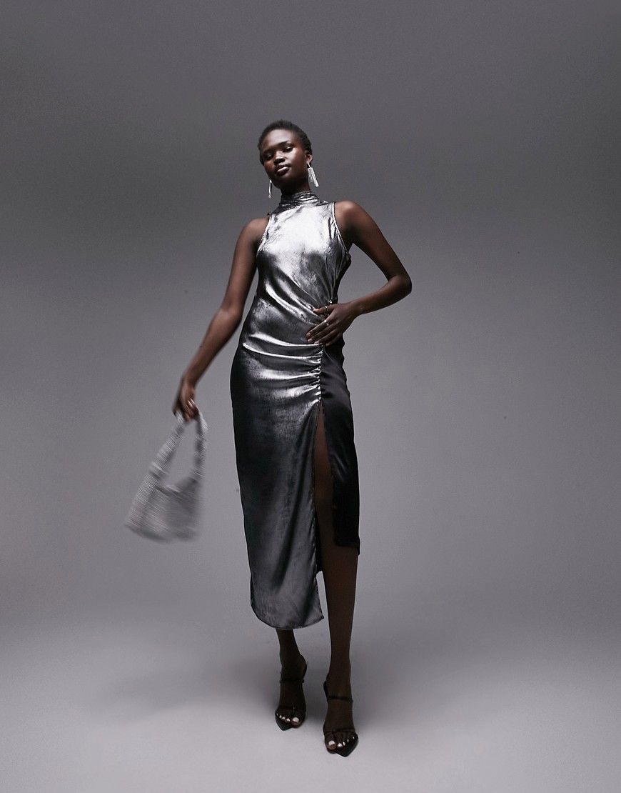 Topshop metallic halter neck midi dress with ruched side in silver