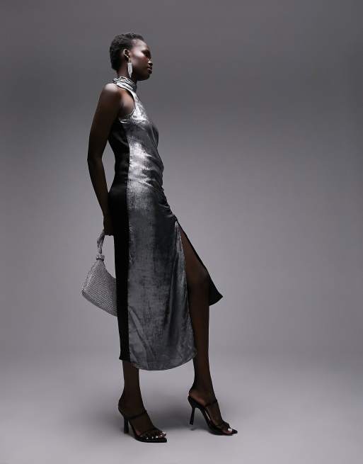 Topshop Bandeau Metallic Midi Dress in Silver