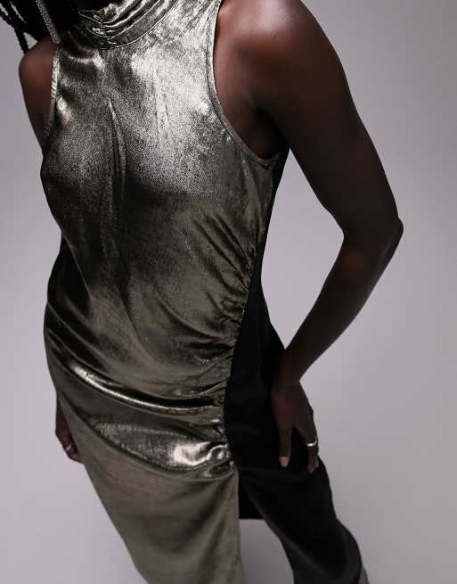 Topshop ruched side metallic tank in black