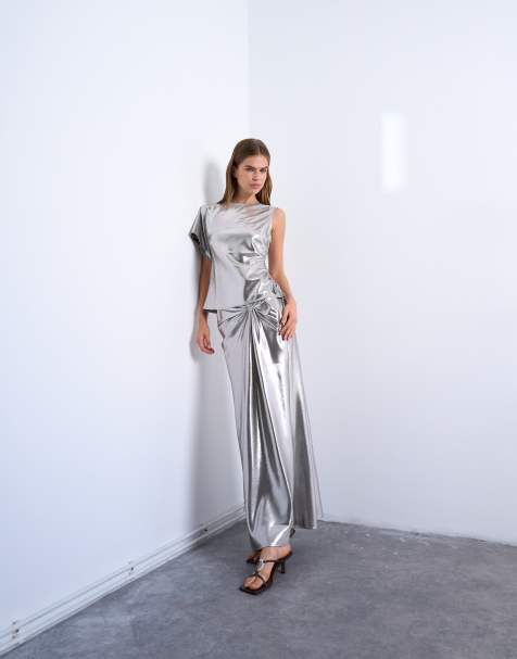 Topshop metallic knot lame midi skirt in silver - view 1