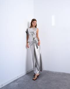 Metallic knot lame midi skirt in silver