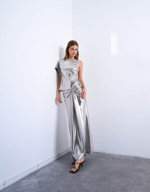 Topshop metallic knot lame midi skirt in silver