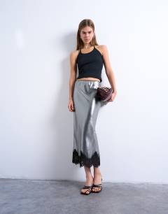 Metallic lace hem midi skirt in silver