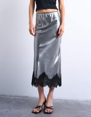 Topshop Metallic Lace Hem Midi Skirt In Gray