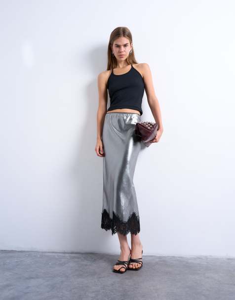 Topshop - Metallic midi rok met kanten zoom in zilver - view 1