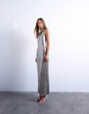 Topshop Metallic Midiaxi Dress With Silver Hardware