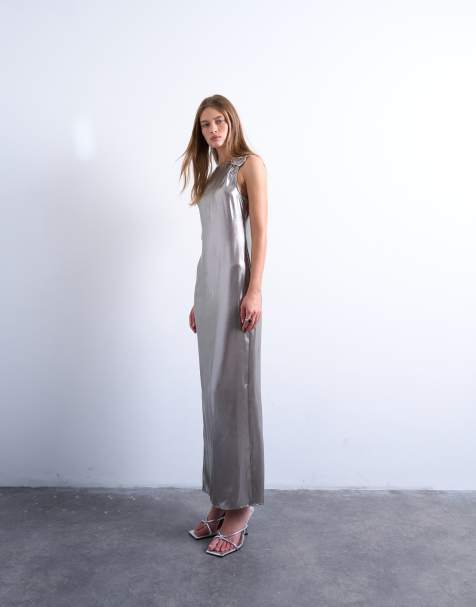 Topshop metallic midiaxi dress with silver hardware in silver - view 1