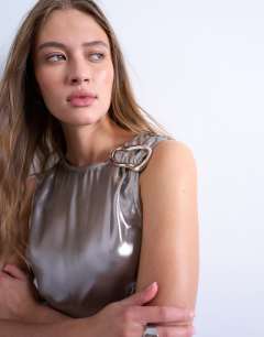 Model wearing Metallic midiaxi dress with silver hardware in silver