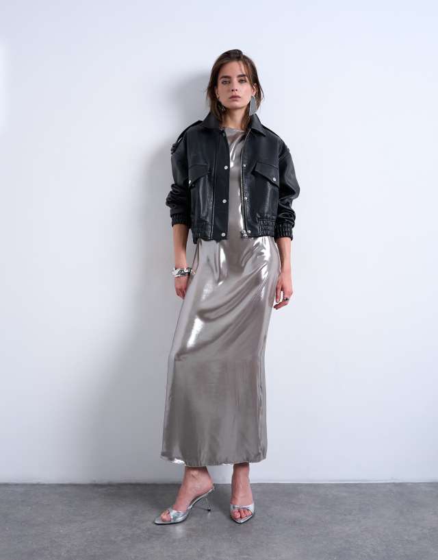 Topshop Metallic Maxi Dress, Womens, Juniors, 10, Silver