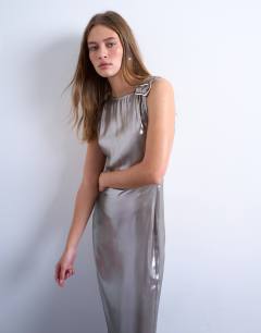 Model wearing Metallic midiaxi dress with silver hardware in silver
