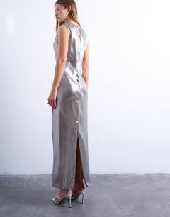 Model wearing Metallic midiaxi dress with silver hardware in silver