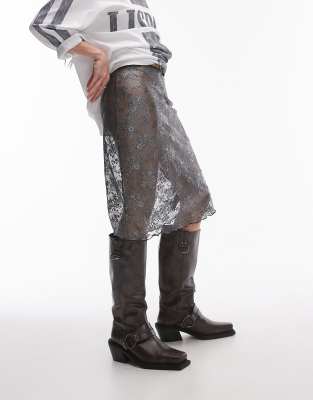 Topshop Metallic Sheer Lace 90s Length Skirt In Silver