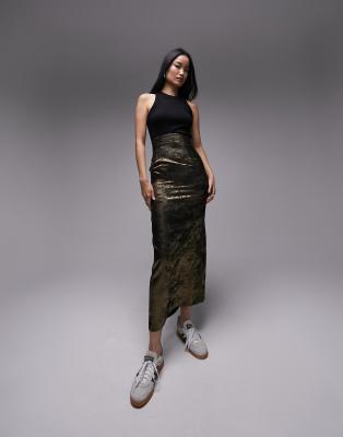 Topshop Metallic Super High Waist Maxi Skirt In Gold