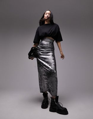 Topshop Metallic Maxi Skirt In Silver