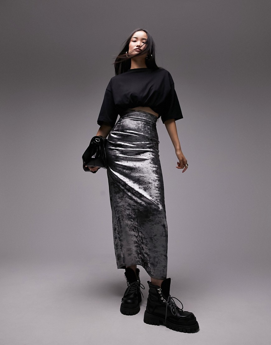 Topshop metallic super high waist maxi skirt in silver
