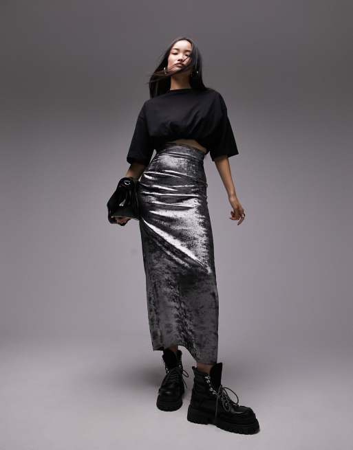 Topshop metallic super high waist maxi skirt in silver ASOS