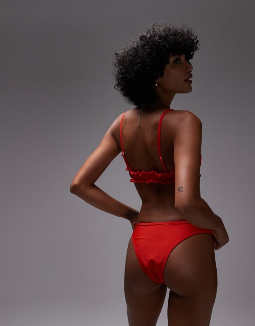 Topshop - Miami - Røde bikinitrusser med høj benskæring og flæser, 2 af 4