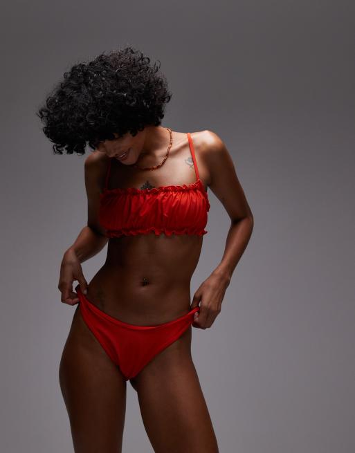 Topshop - Miami - Slip bikini sgambati rossi con volant, 4 di 4