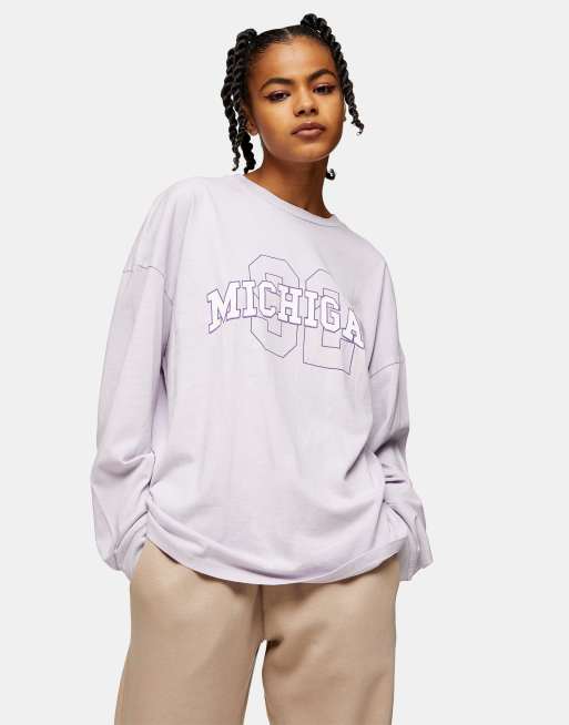 Topshop michigan slogan long sleeve skater top in lilac