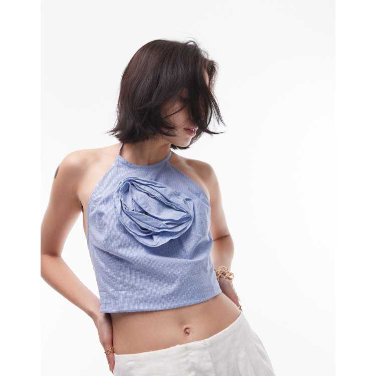 Topshop micro check corsage halter top in blue | ASOS