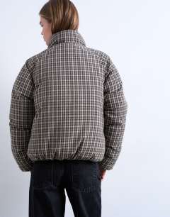 Model wearing Micro check funnel neck puffer jacket in black