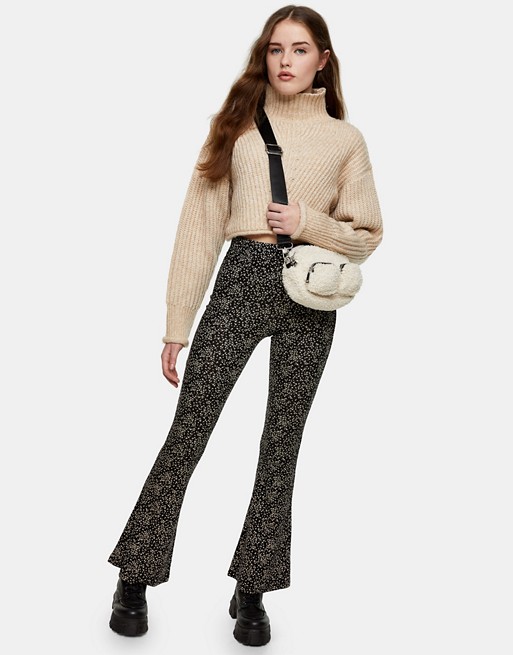 Topshop micro floral print flared trousers in black