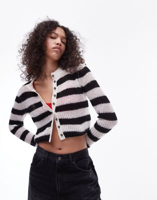 Topshop knitted sheer stripe micro cardi in black and white - ASOS Price Checker